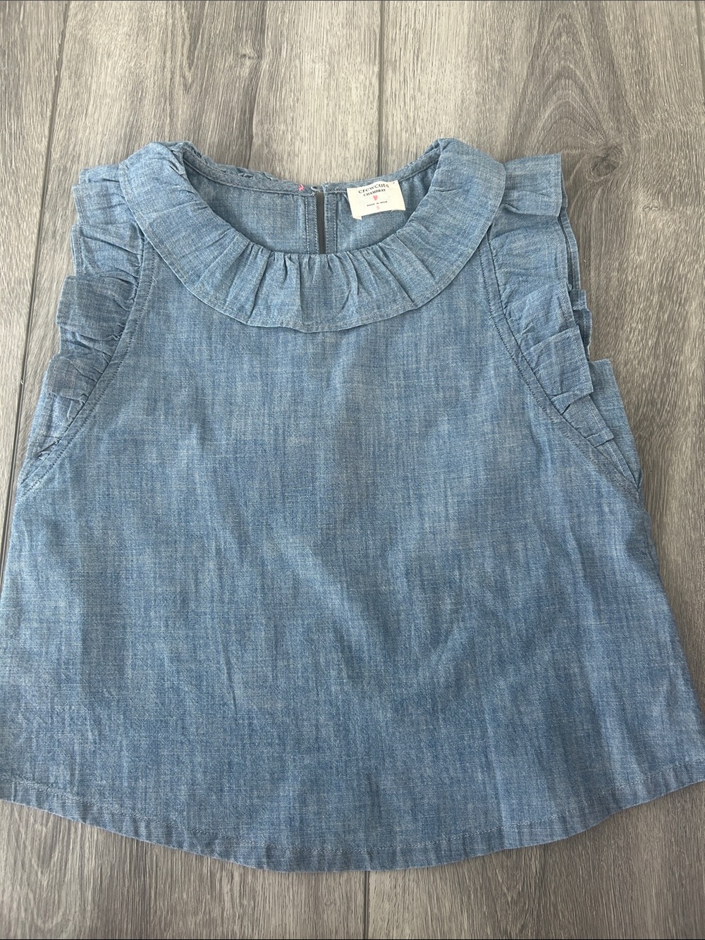Girls' Blue Denim Chambray Ruffle Neck Sleeveless Top